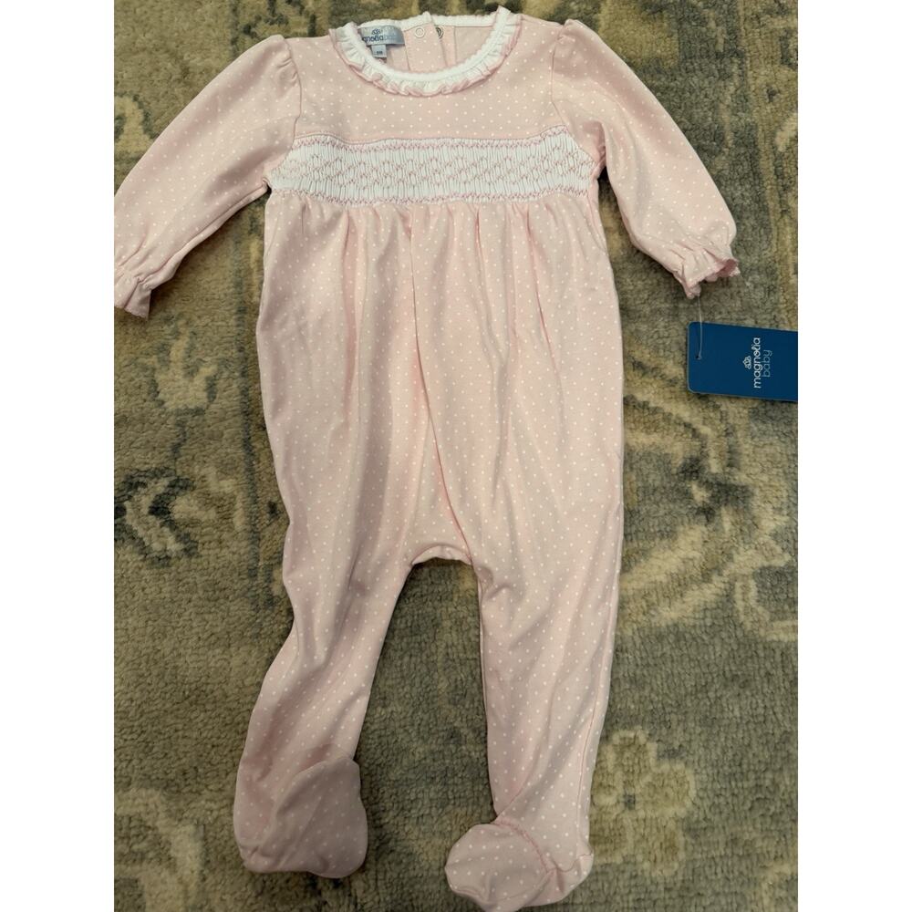 Magnolia Baby Polka Dot Smocked Pima Cotton Footie Pink Sz 9 Months NWT